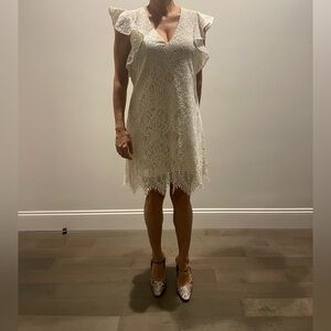 Lace Ruffle Sleeve V-Neck Dress in Cream